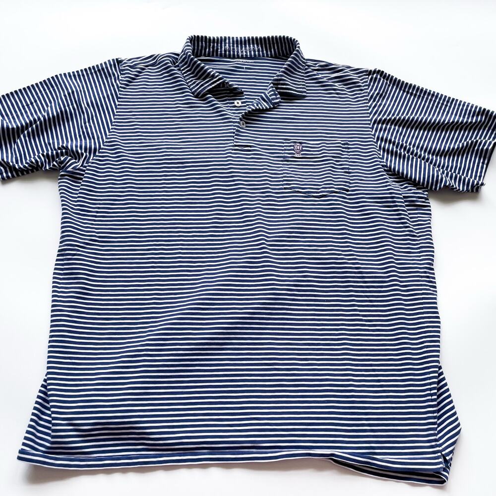 Men's B. Draddy Blue and White Striped Golf Polo Shirt Small Chest Logo SIze L